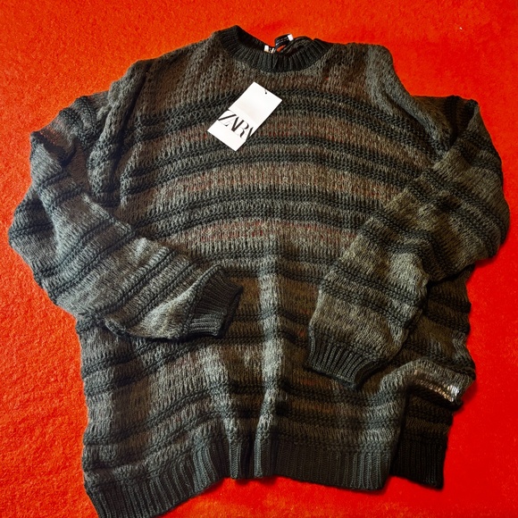 Zara khaki green touch of alpaca striped open knit oversized sweater NWT - Picture 3 of 8